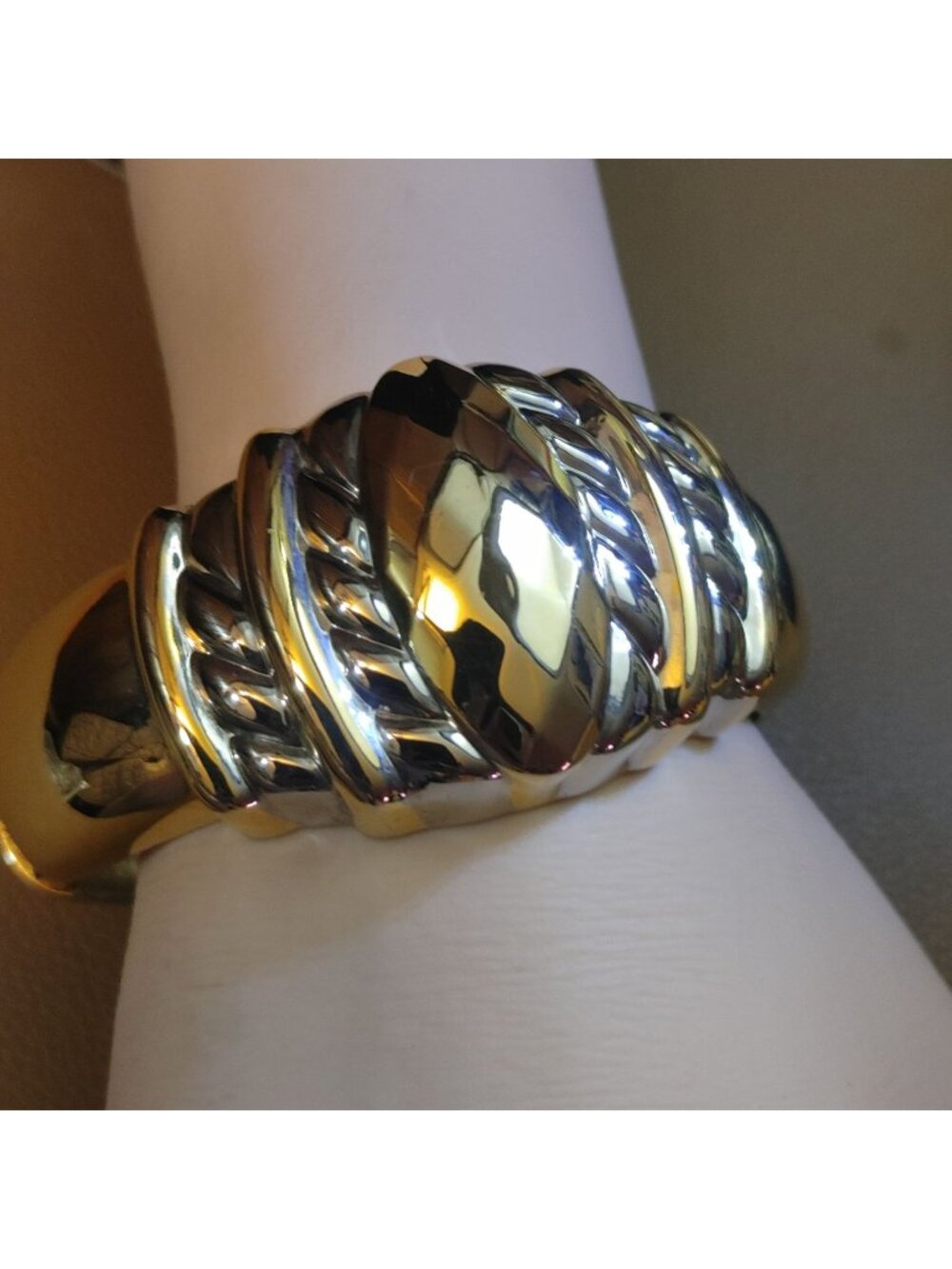 Bangle Bracelet Wide Two Tone Gold Silver Bold Vintage Hinged  Raised Textured